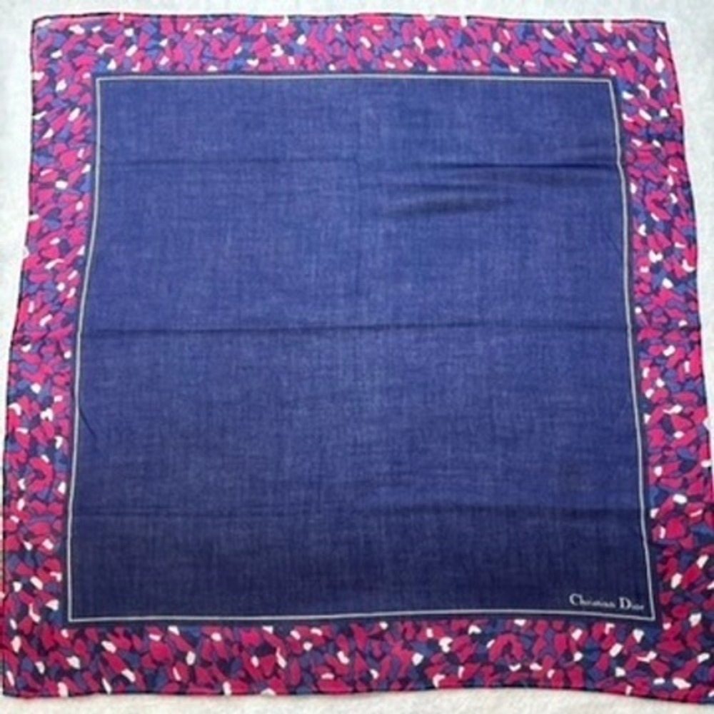 CHRISTIAN DIOR Scarf Handkerchief Abstract Floral Border Cotton Navy Blue 19"